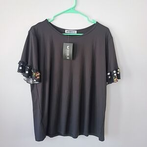 WDOUBLJU Black Flutter Sleeve Polka Dot Blouse NWT XL Casual Chic Top 2026